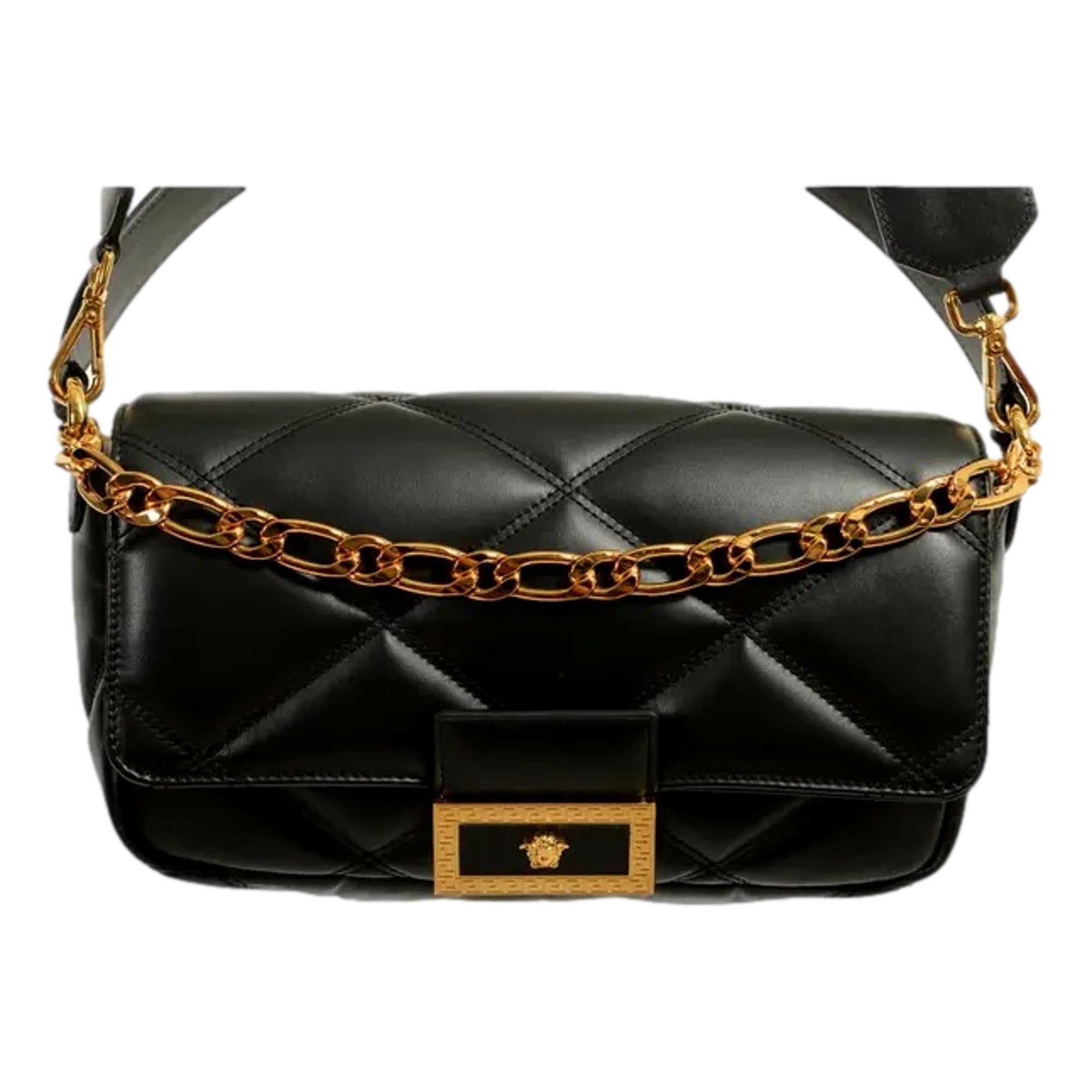 Versace La Medusa Quilted Calfskin Leather Black Crossbody Bag Gold Chain